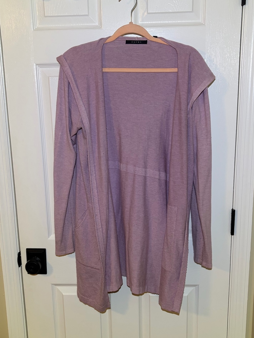 Cyrus Open-Front Dusty Lavender Hooded Cardigan Sweater with Pockets. Medium